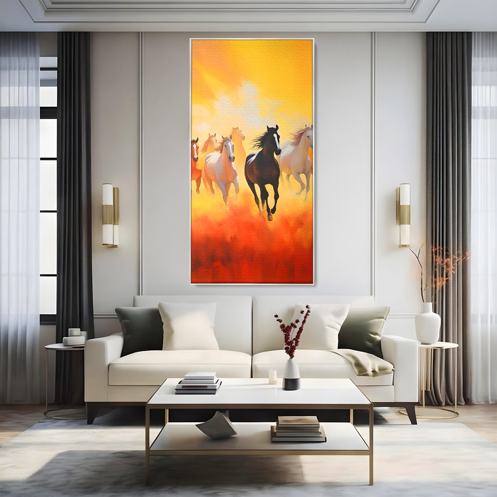 Tablou canvas cu pictura cu cai in galop, in rama de aluminiu argintiu, pe perete intr-un living